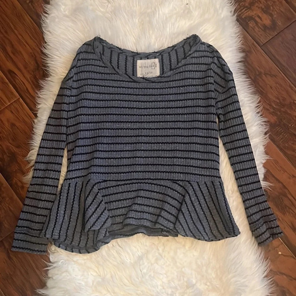 Free People Blue Black Stripe Peplum Long Sleeve Shirt - Picture 2 of 9